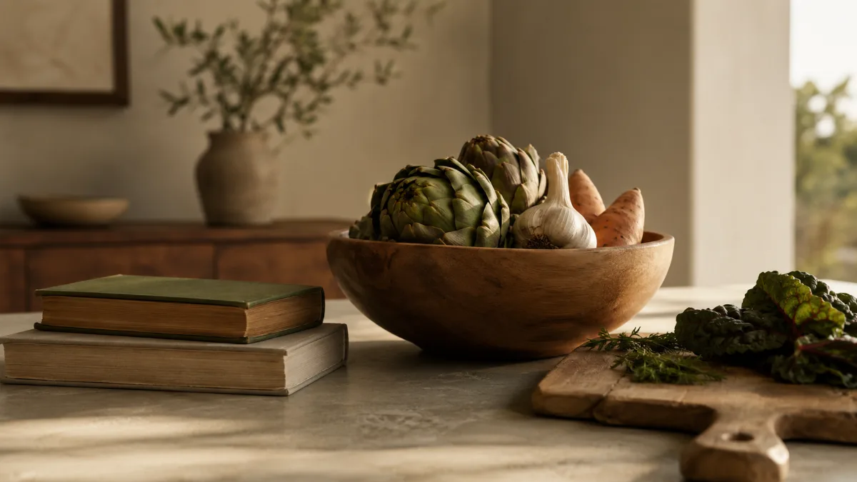 Wooden bowl of vegetables beside a chopping board