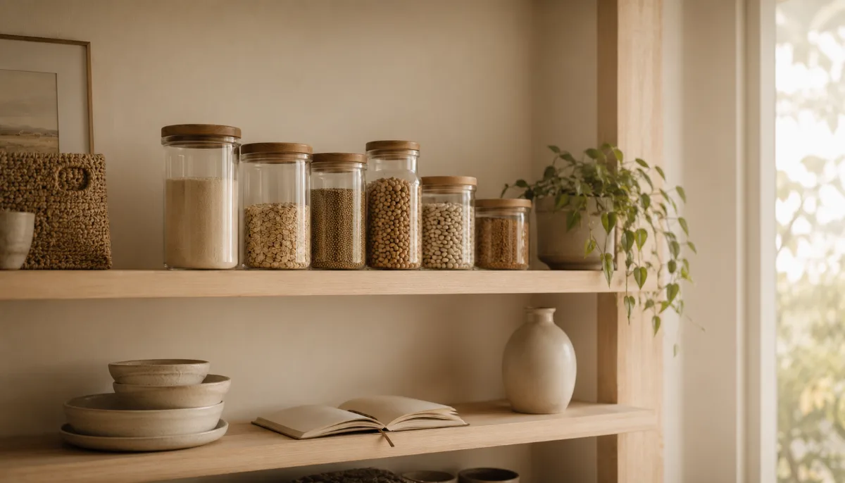 Minimalist pantry shelf with glass jars of staples