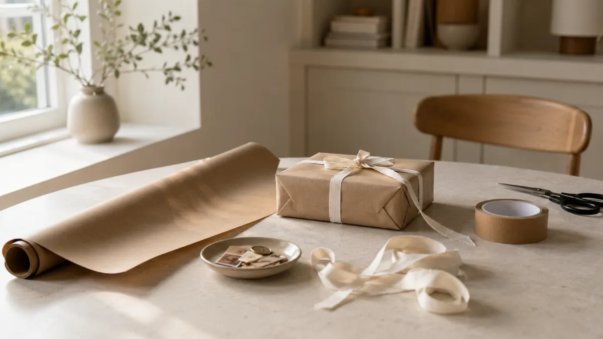 Minimal gift-wrapping setup with paper, scissors and twine