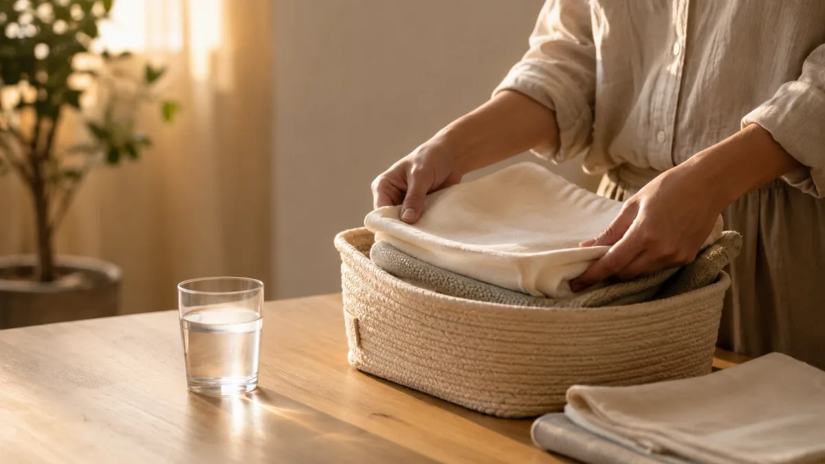 Hands folding items into a small storage basket