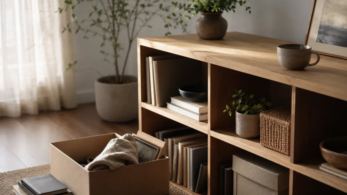 Tidy shelf mid-organization with a few items set aside in a box