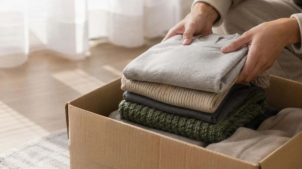 Donation box being filled with folded clothes on the floor