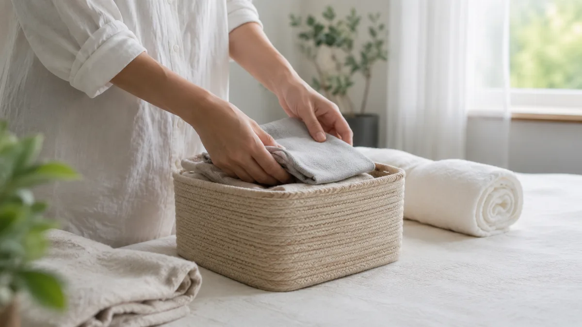 Hands folding items into a small storage basket