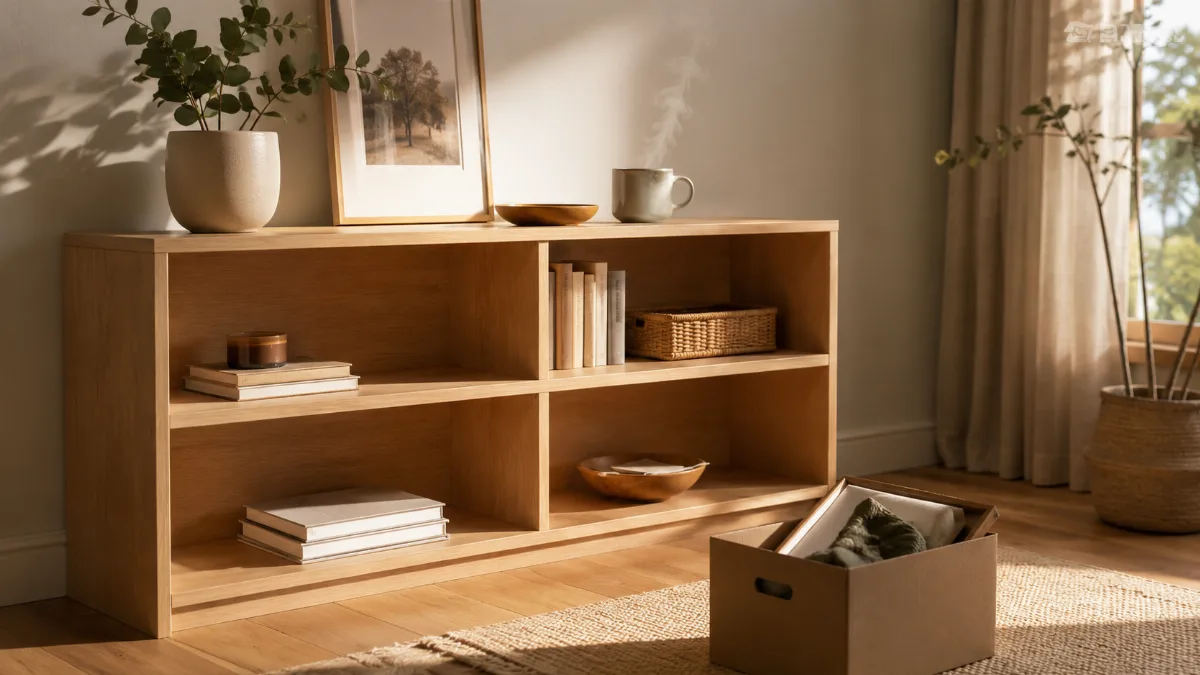 Tidy shelf mid-organization with a few items set aside in a box