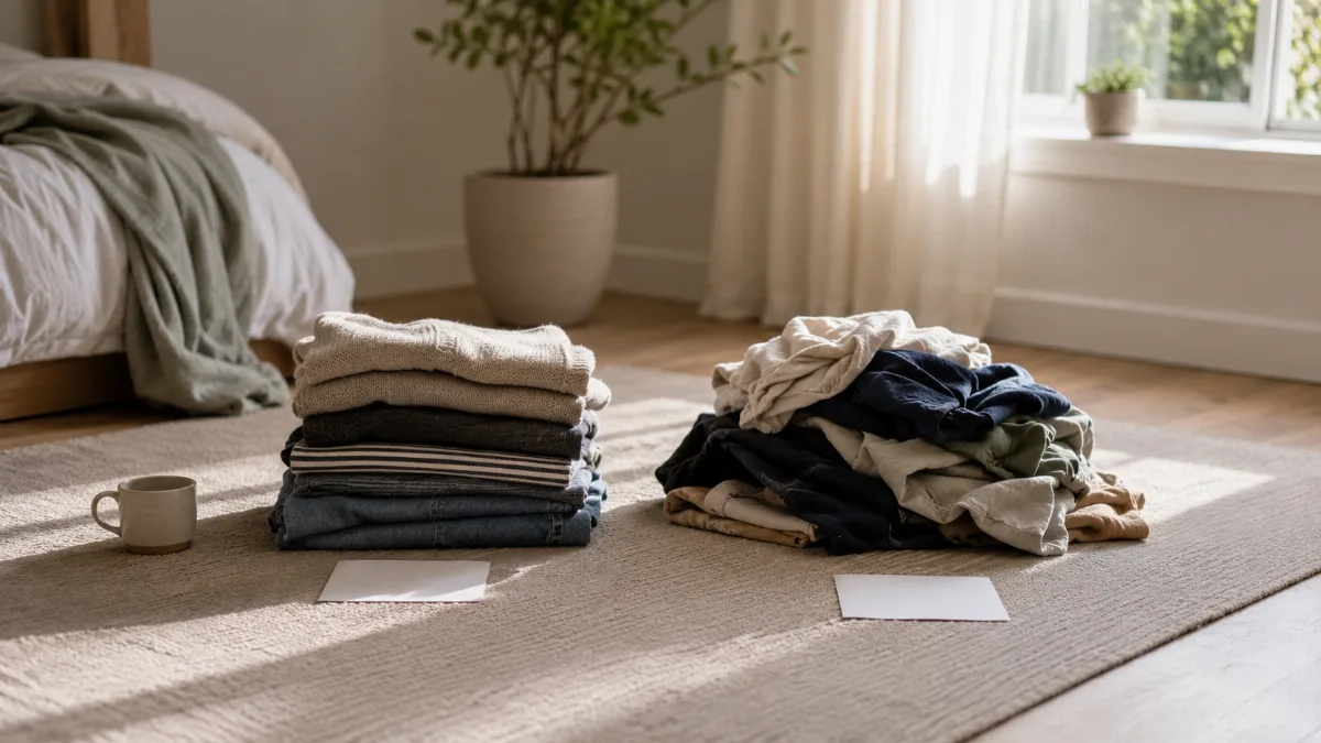 Items grouped into keep and let-go piles on a clean rug