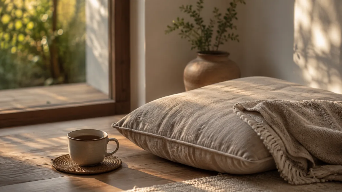 Calm corner with a floor cushion, a mug of tea and soft natural light