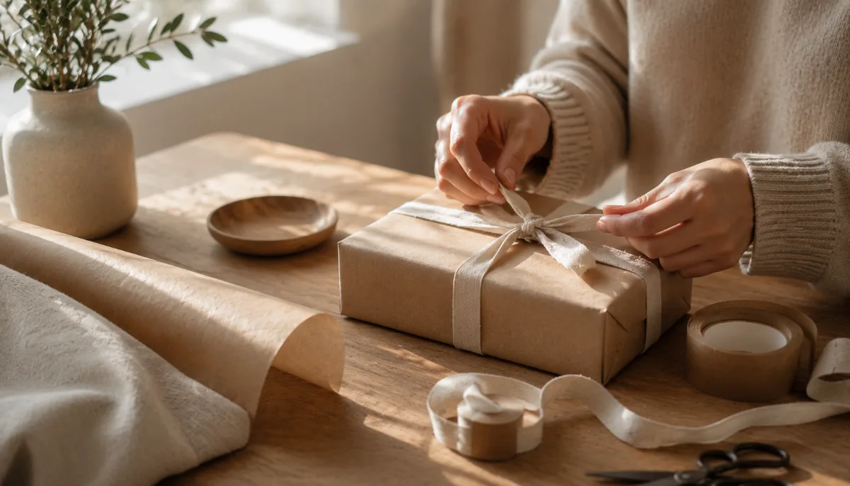 Minimal gift-wrapping setup with paper, scissors and twine