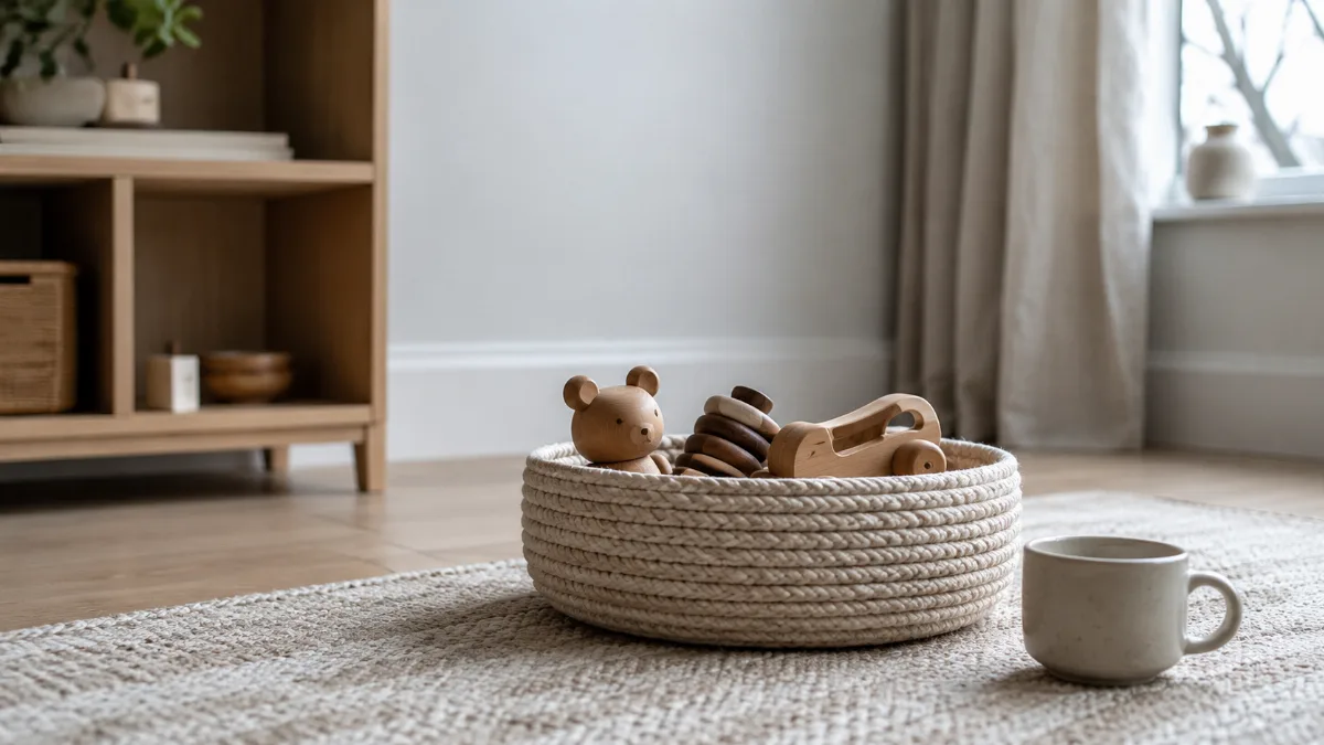 Tidy children's play corner with a few wooden toys in a soft basket