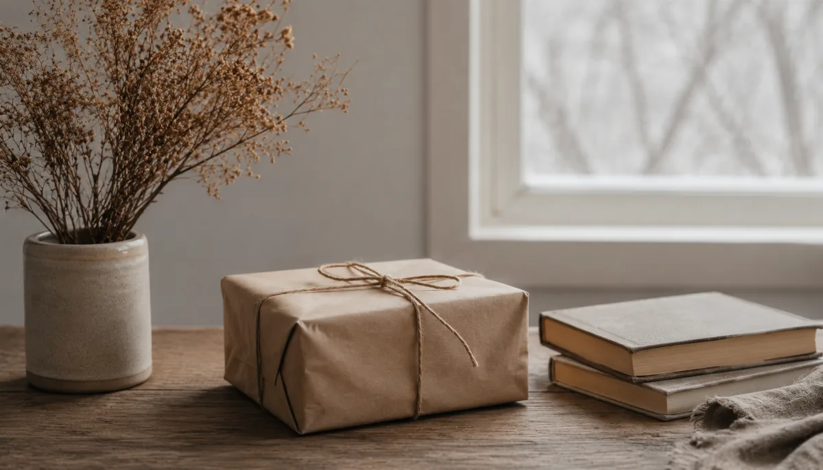 Single wrapped parcel tied with string beside dried foliage