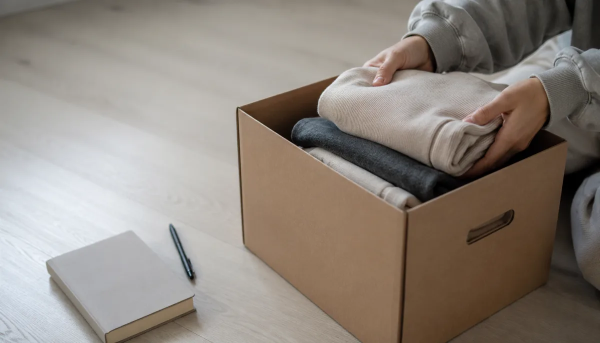 Donation box being filled with folded clothes on the floor