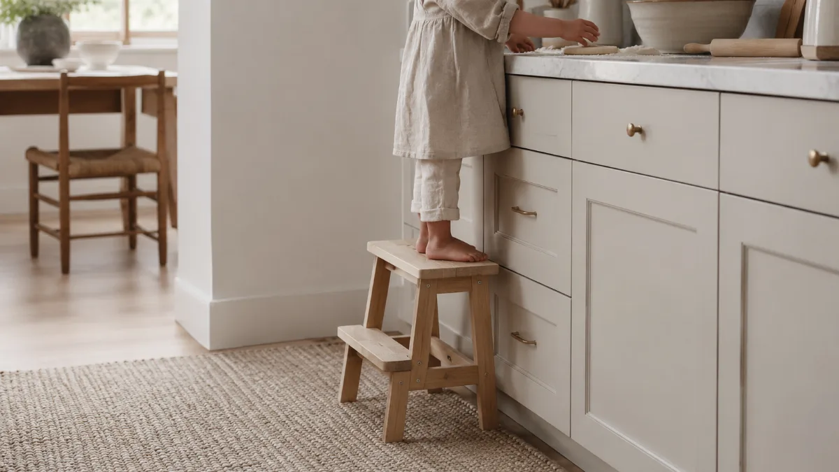 Calm family kitchen corner with a small step stool