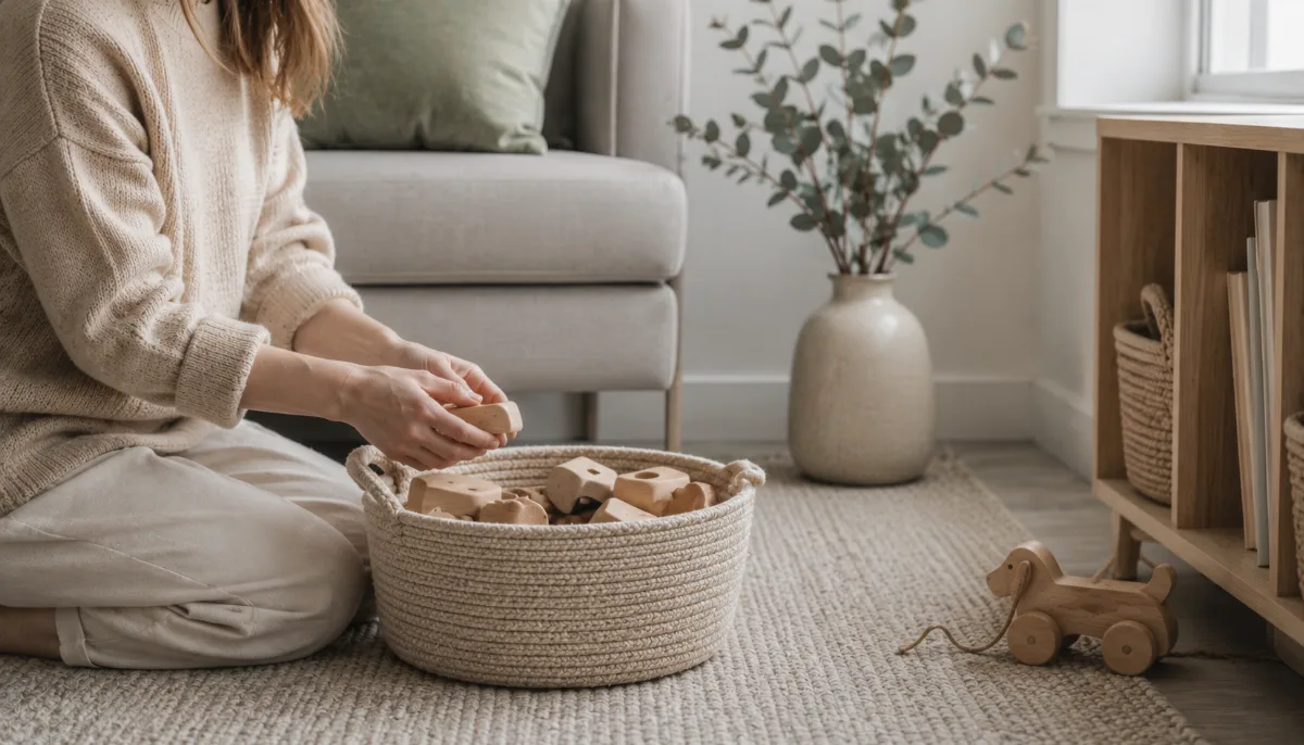 Tidy family room with a basket of wooden toys