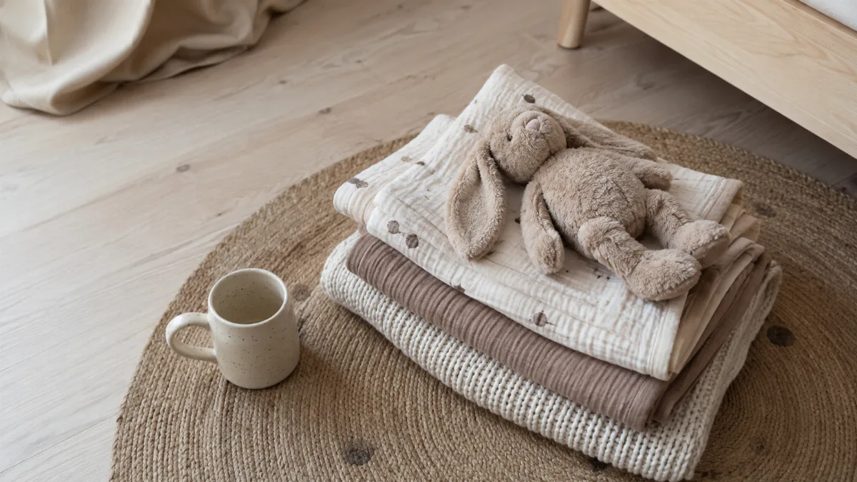 Simple child's room with folded blankets and a soft toy