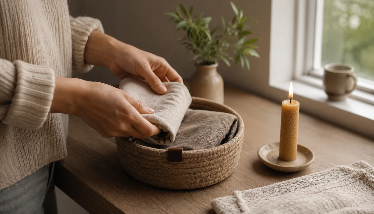 Hands folding items into a small storage basket