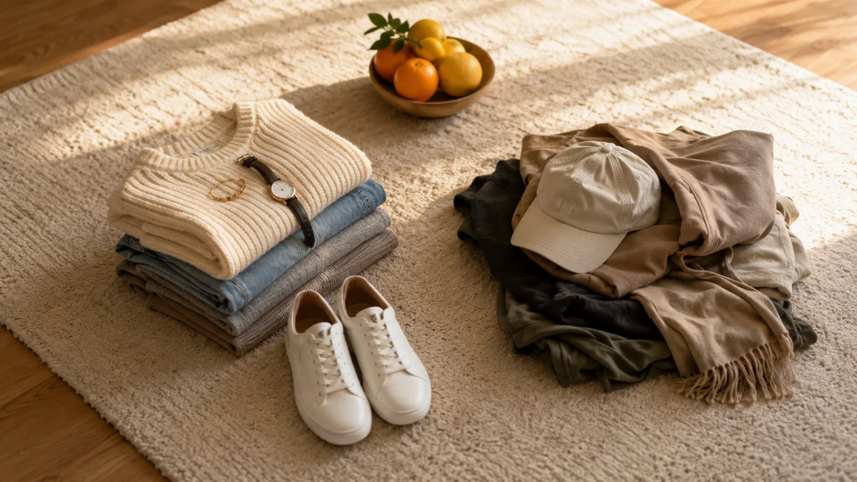 Items grouped into keep and let-go piles on a clean rug