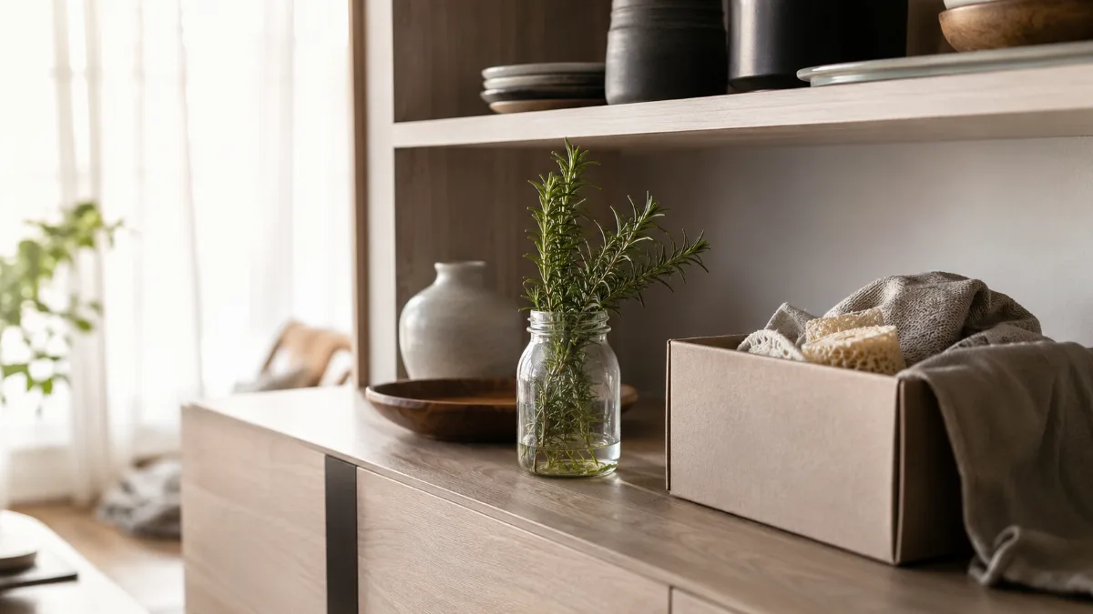 Tidy shelf mid-organization with a few items set aside in a box