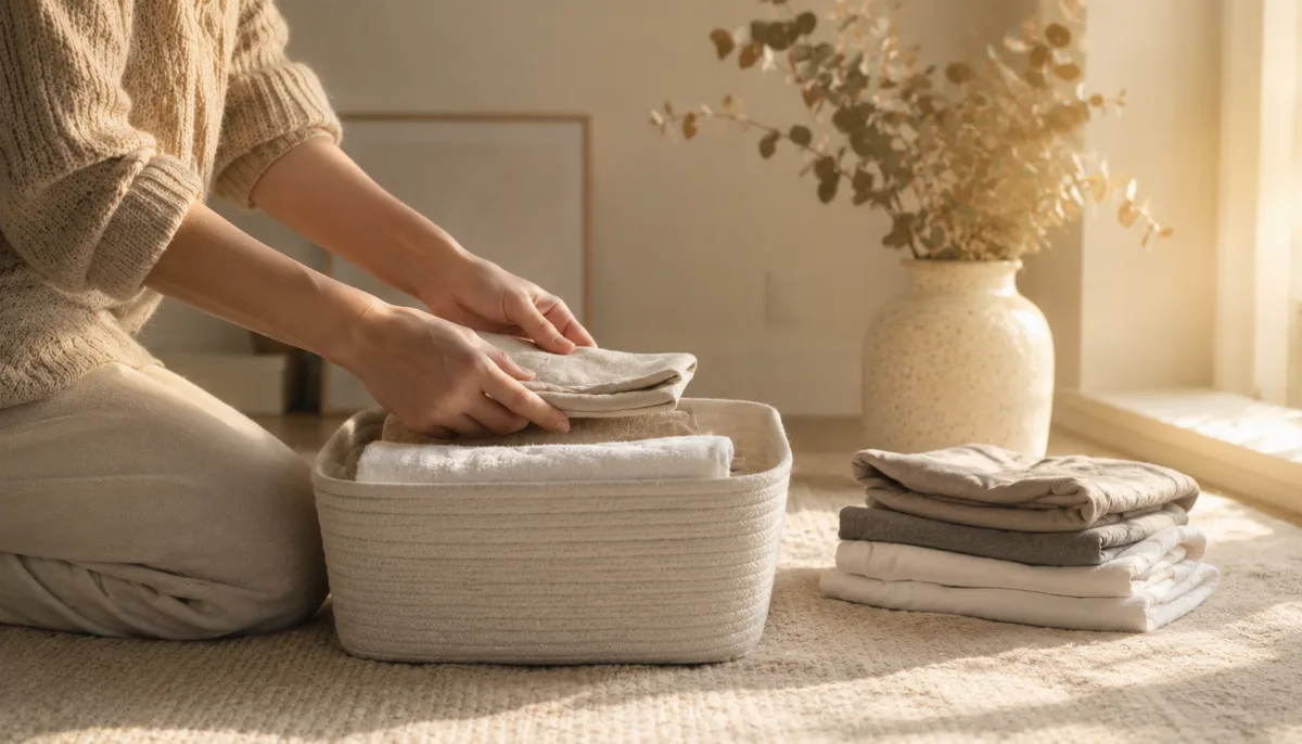 Hands folding items into a small storage basket