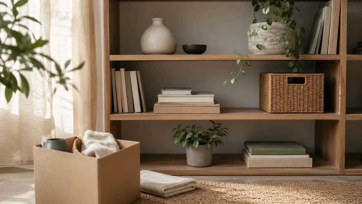 Tidy shelf mid-organization with a few items set aside in a box