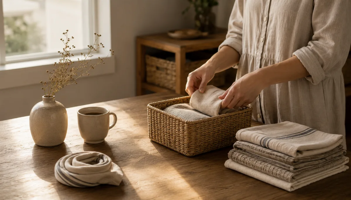 Hands folding items into a small storage basket