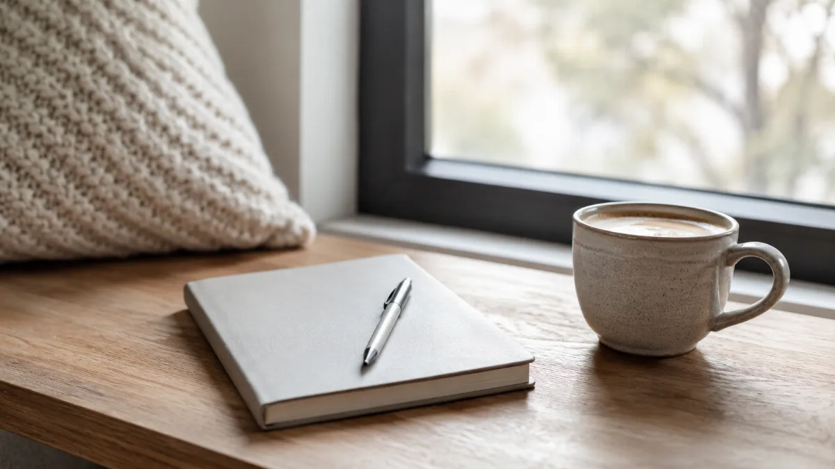 Clean wooden desk by a window with a notebook, pen and a cup of coffee