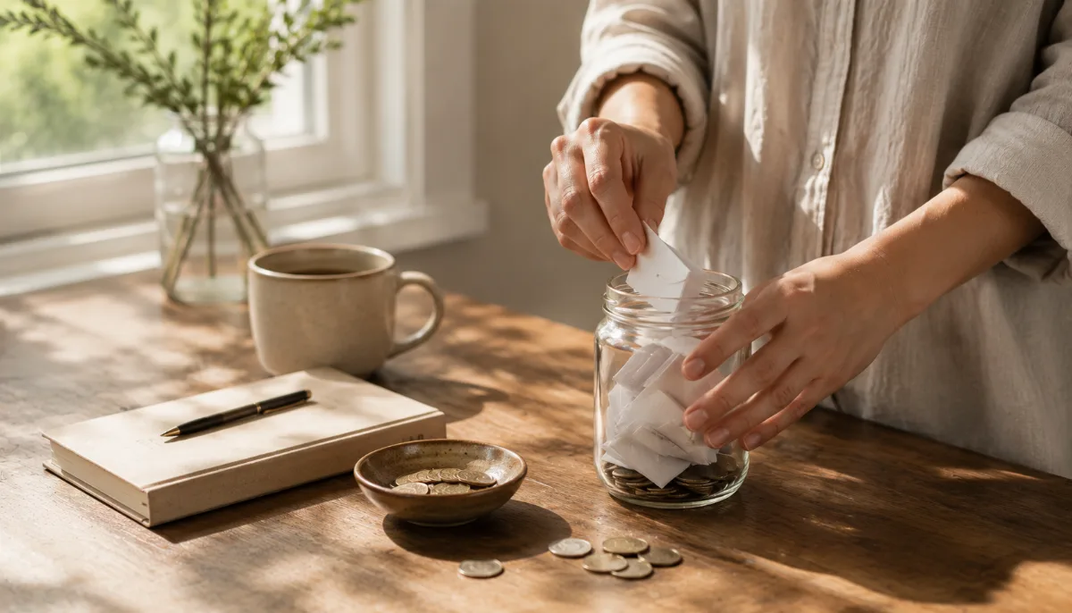 Glass jar holding folded notes and coins on a wooden surface