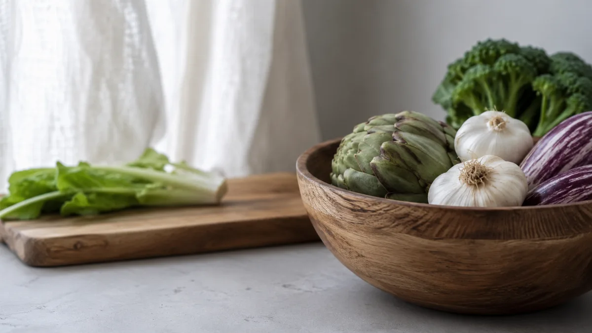 Wooden bowl of vegetables beside a chopping board