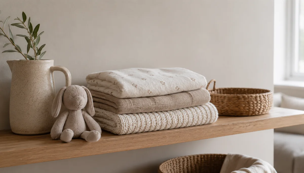 Simple nursery shelf with folded blankets and a small toy