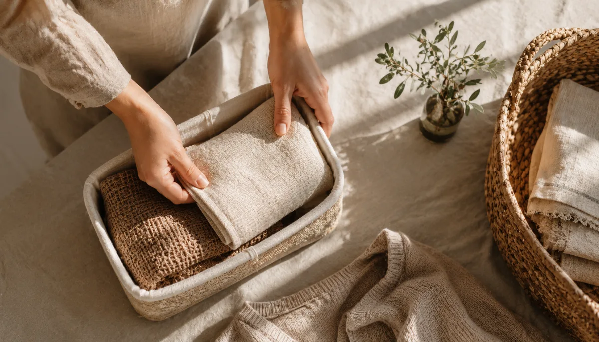 Hands folding items into a small storage basket