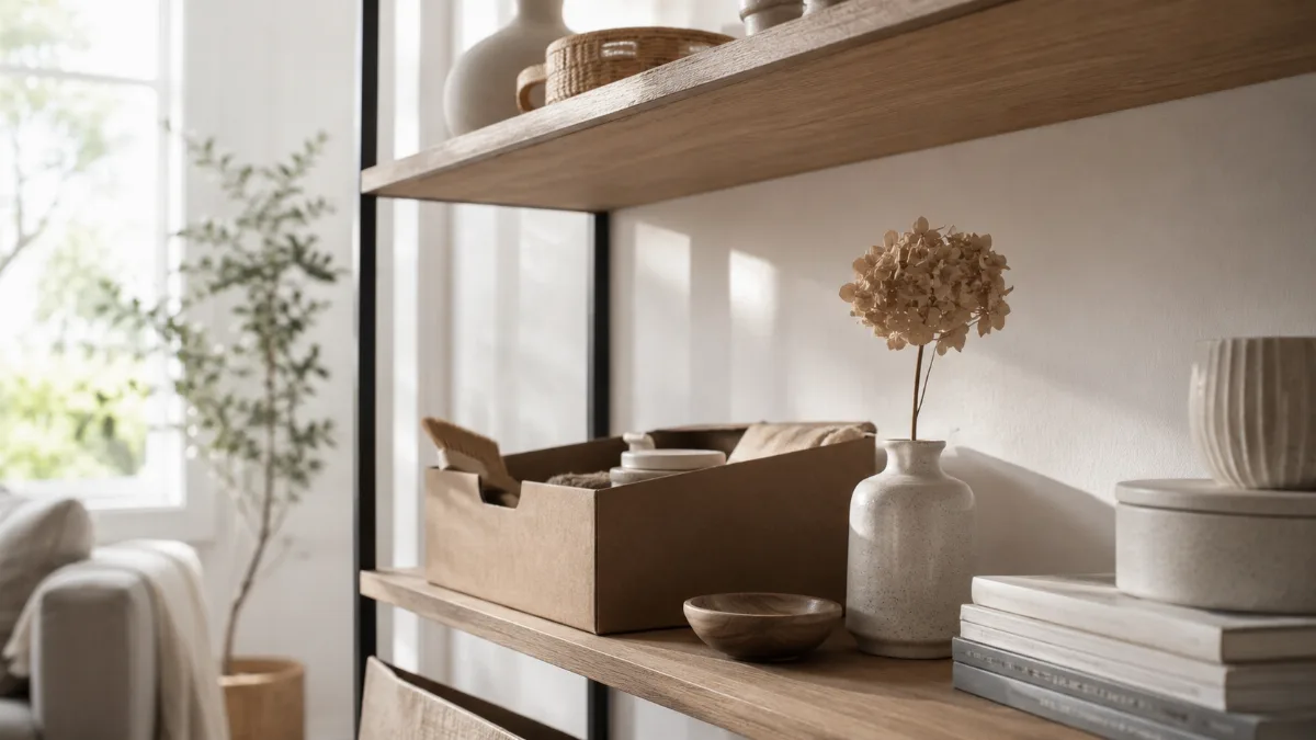 Tidy shelf mid-organization with a few items set aside in a box