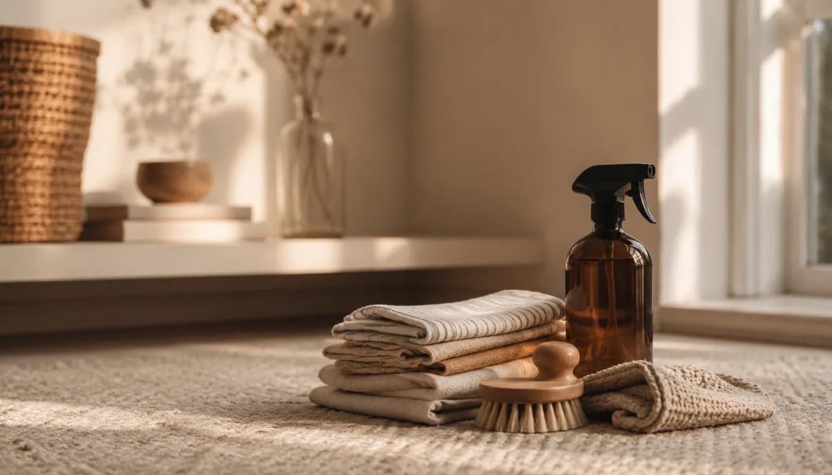 Neatly arranged cleaning cloths and a refillable spray bottle on a clean surface