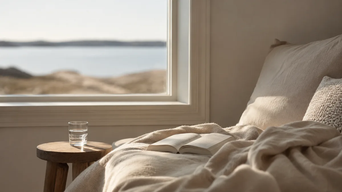 Quiet reading nook with a blanket and an open book