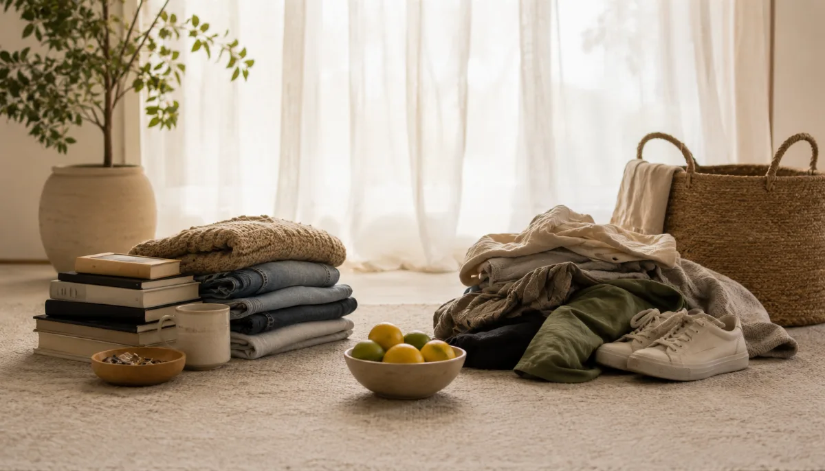 Items grouped into keep and let-go piles on a clean rug