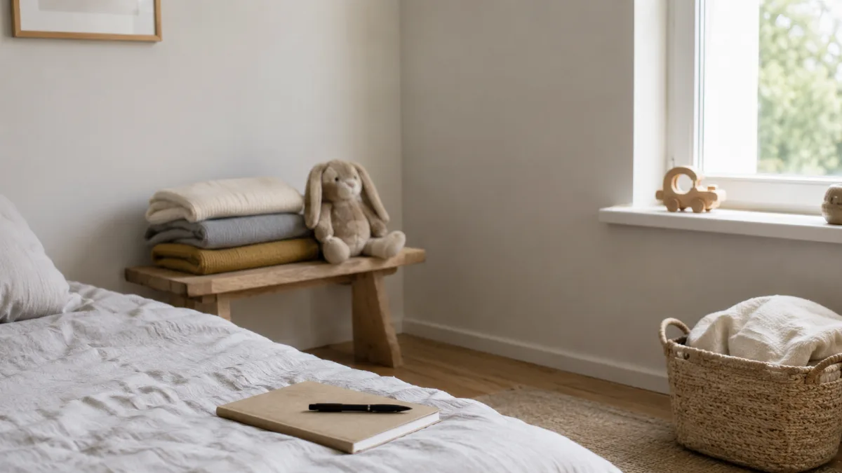 Simple child's room with folded blankets and a soft toy