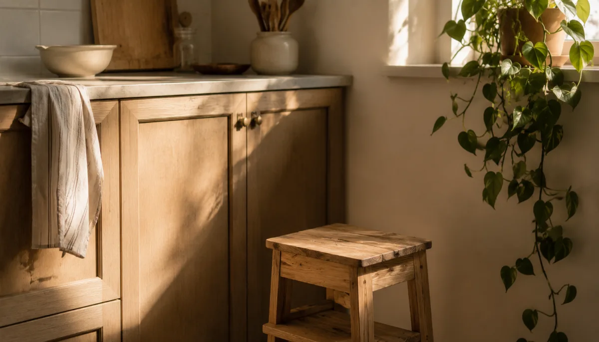 Calm family kitchen corner with a small step stool