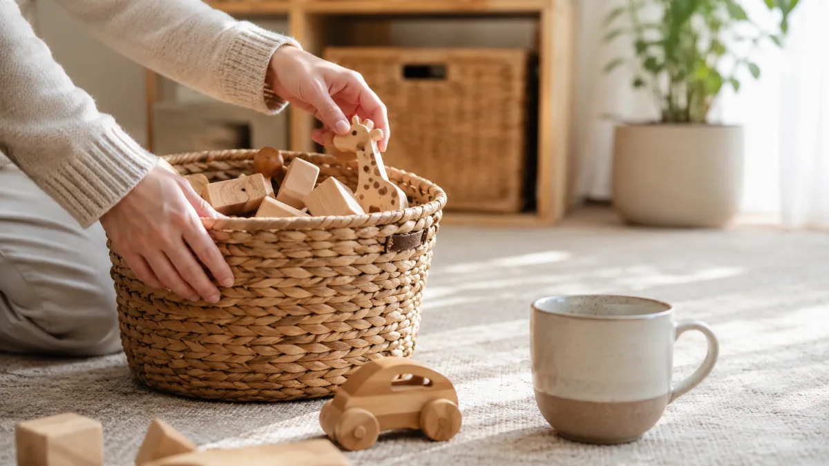 Tidy family room with a basket of wooden toys