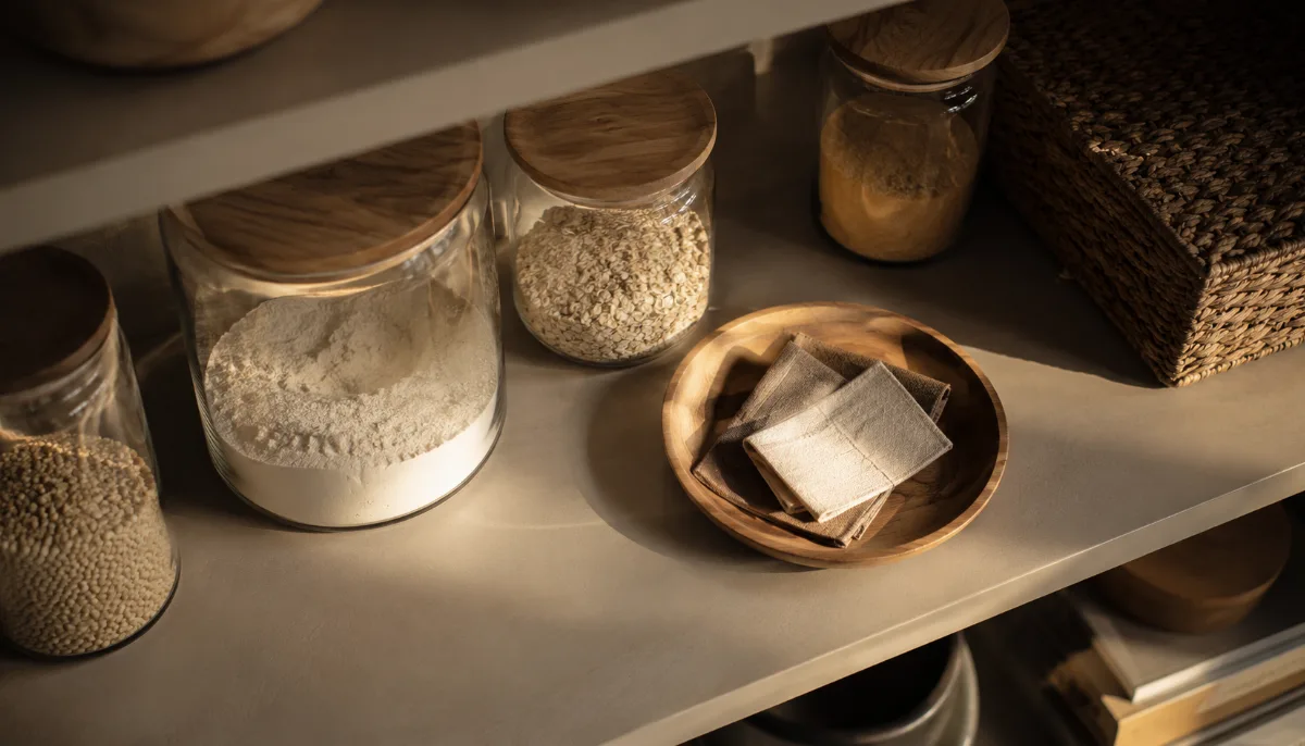 Minimalist pantry shelf with glass jars of staples