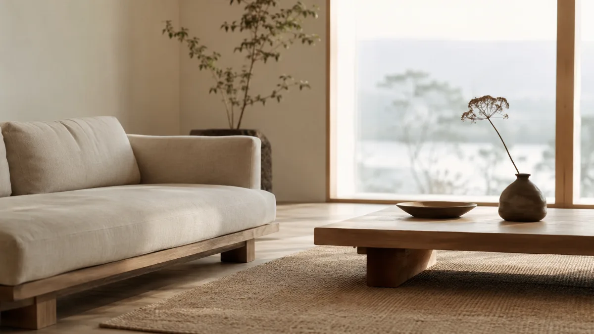 Calm, uncluttered living space with simple low furniture