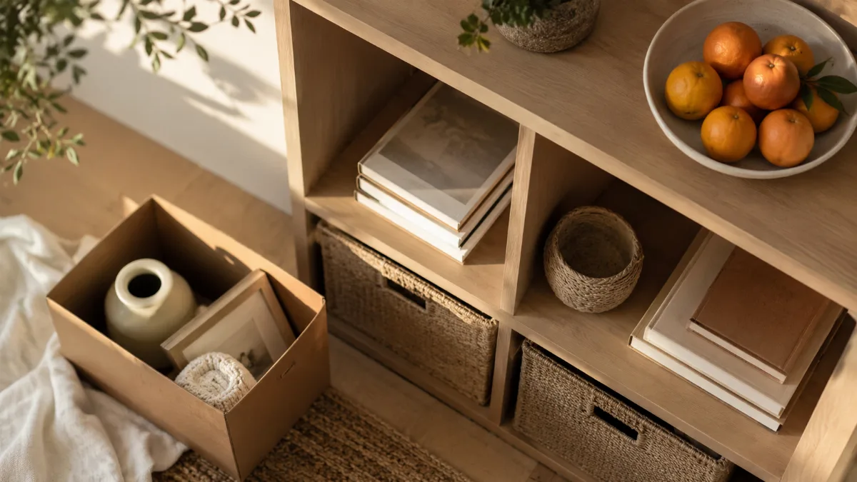 Tidy shelf mid-organization with a few items set aside in a box