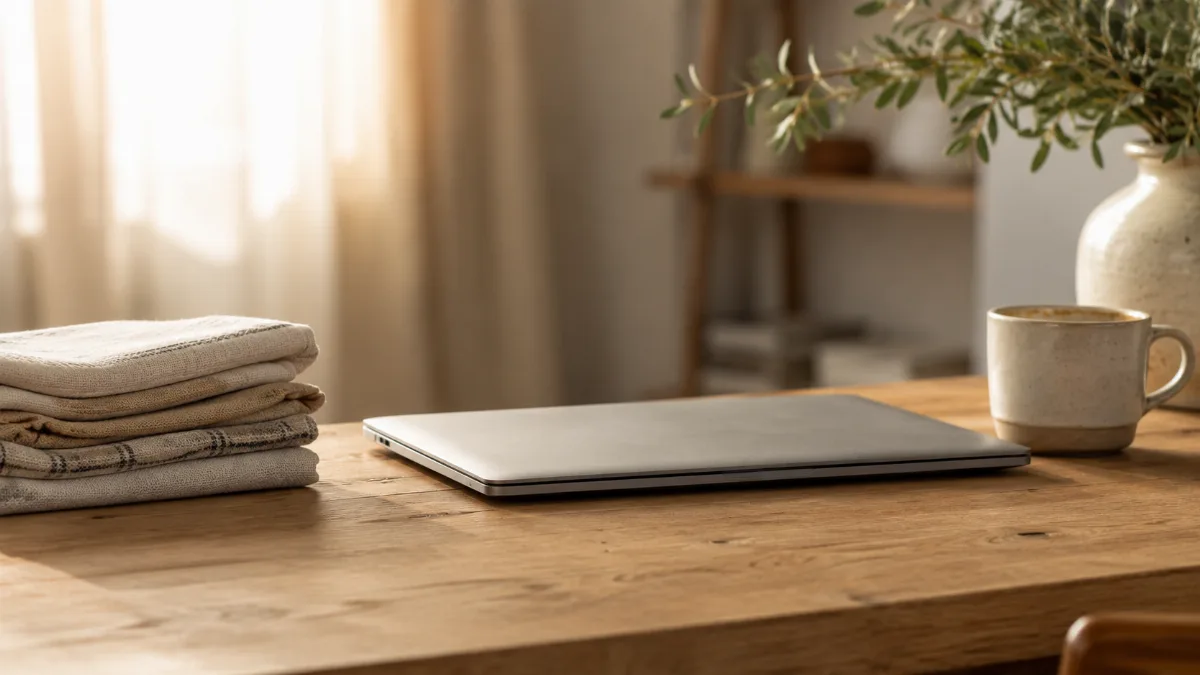 Clean desk with one closed laptop and a cup of coffee