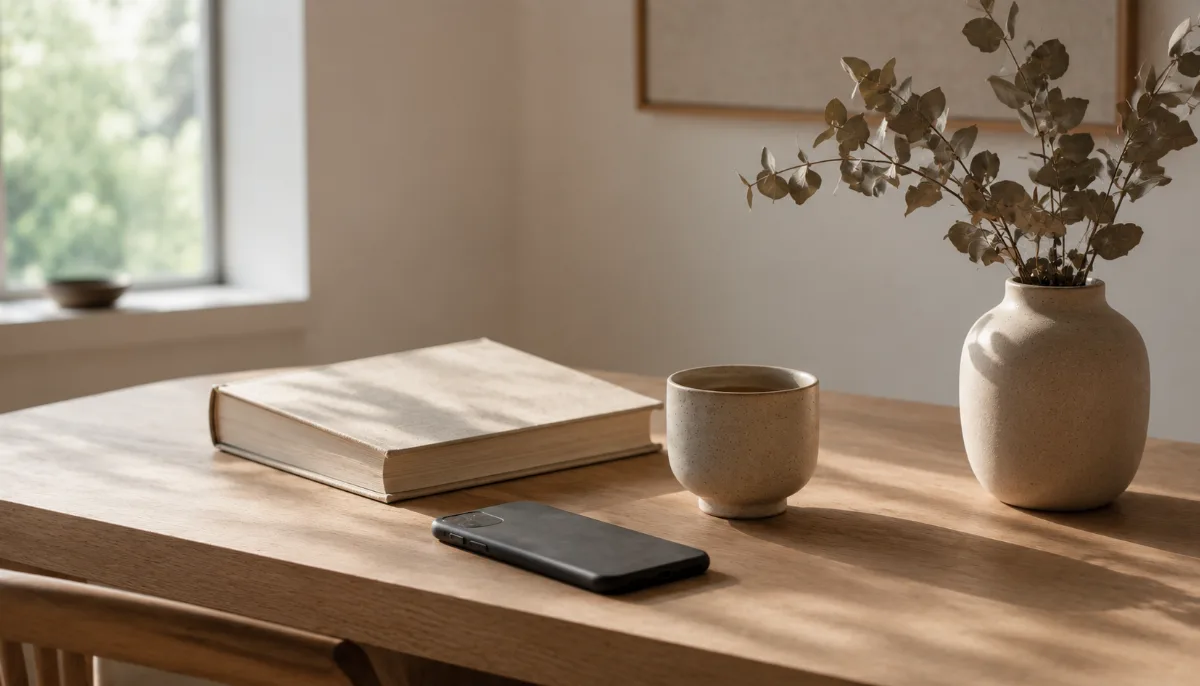 Single phone face-down beside a book and a cup of tea