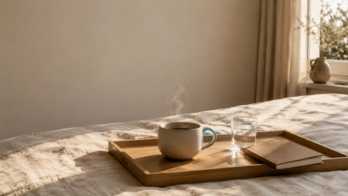 Simple morning tray with coffee, water and a small journal