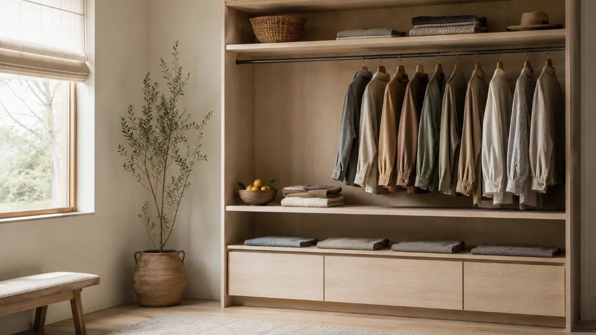 Organized open wardrobe with a small curated set of folded clothes