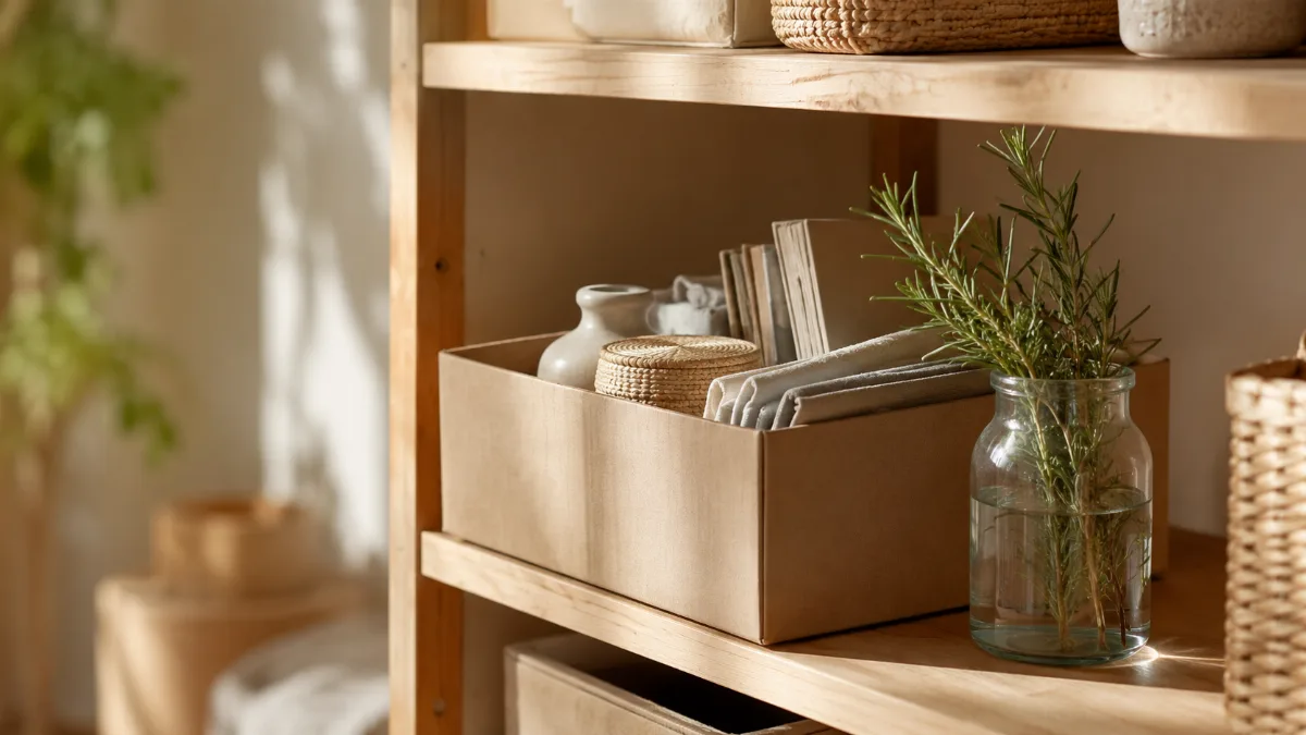 Tidy shelf mid-organization with a few items set aside in a box