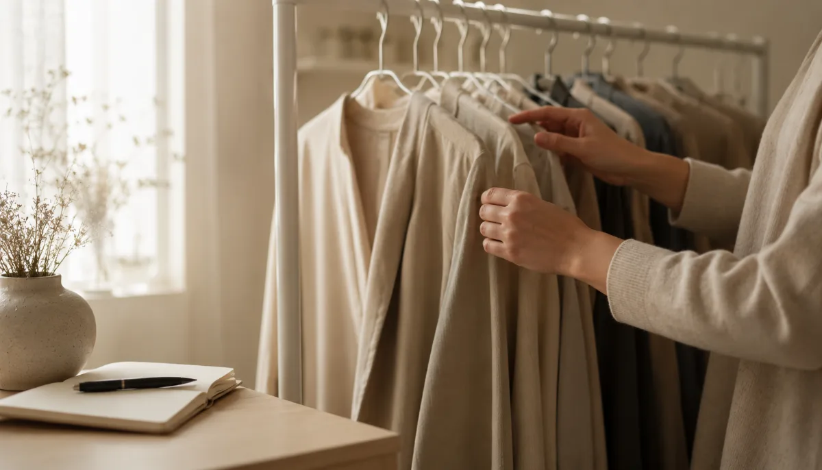 Clothing rail holding a tidy capsule of neutral garments