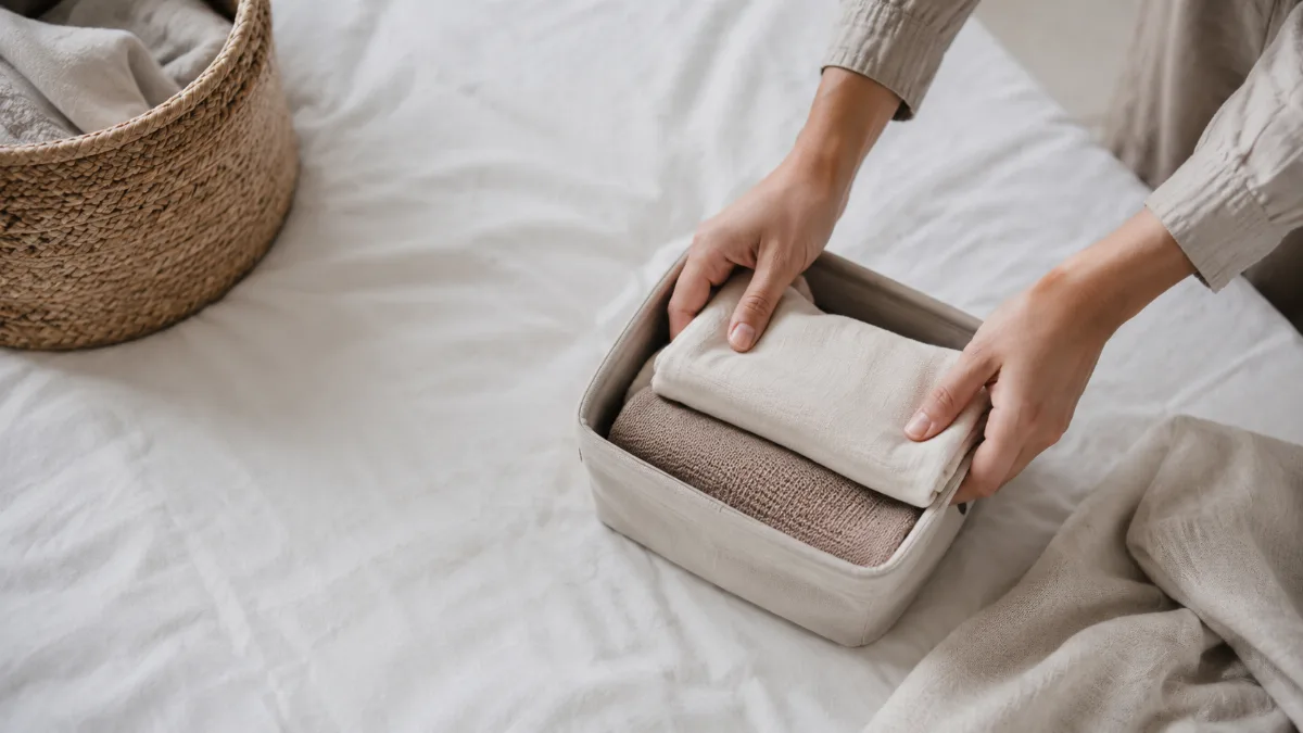 Hands folding items into a small storage basket