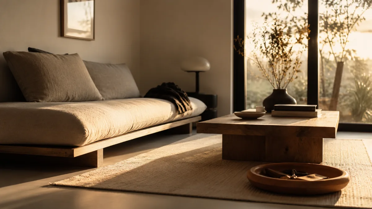 Calm, uncluttered living space with simple low furniture