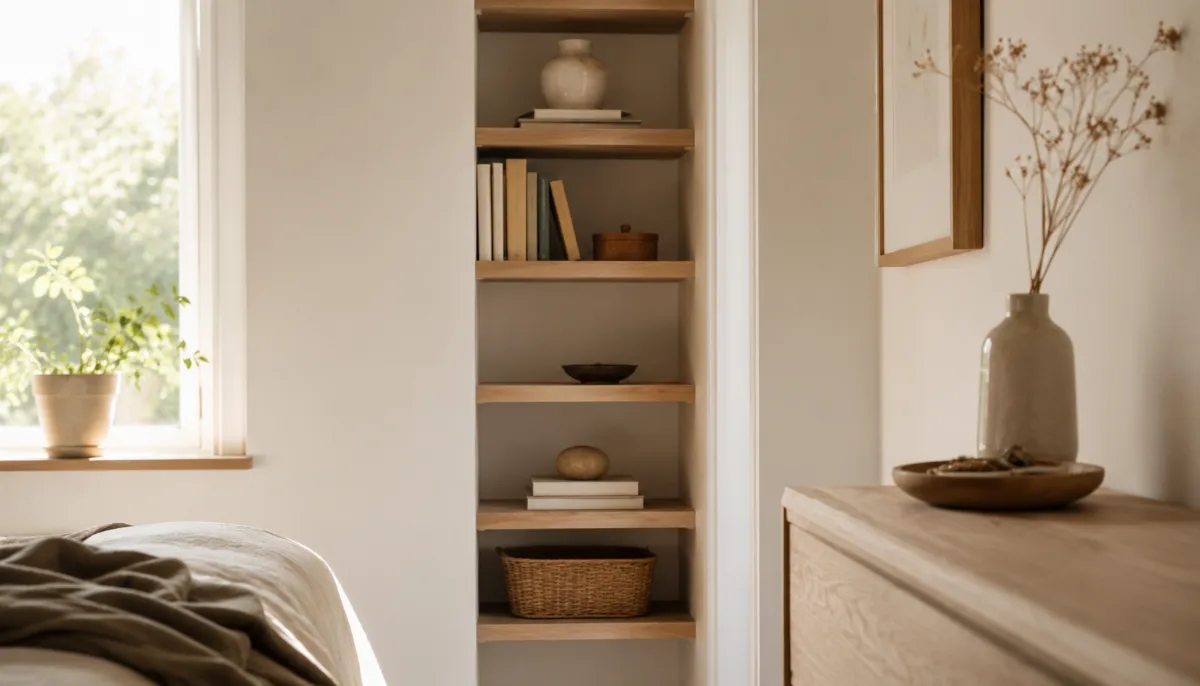 Slim vertical shelving making use of a narrow wall in a small room