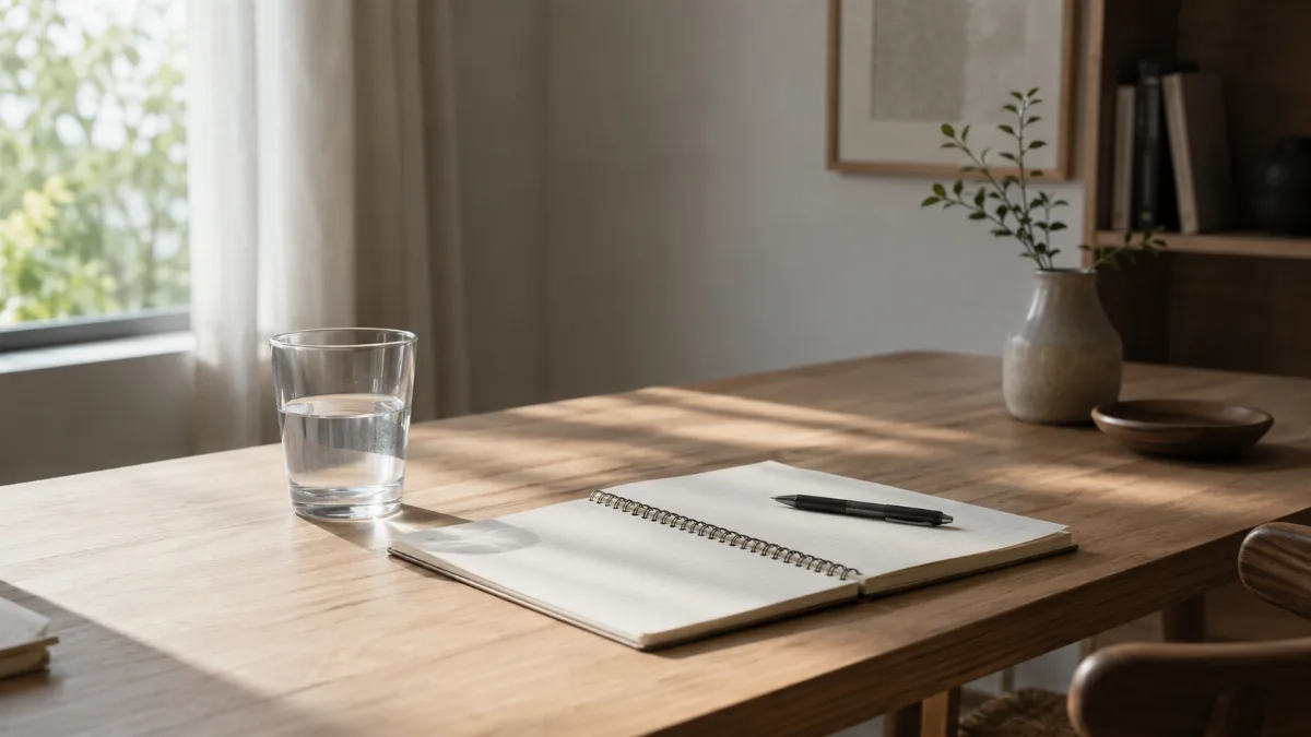 Uncluttered writing desk bathed in soft daylight