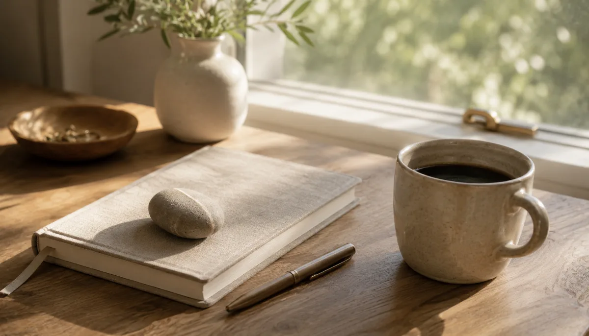 Clean wooden desk by a window with a notebook, pen and a cup of coffee