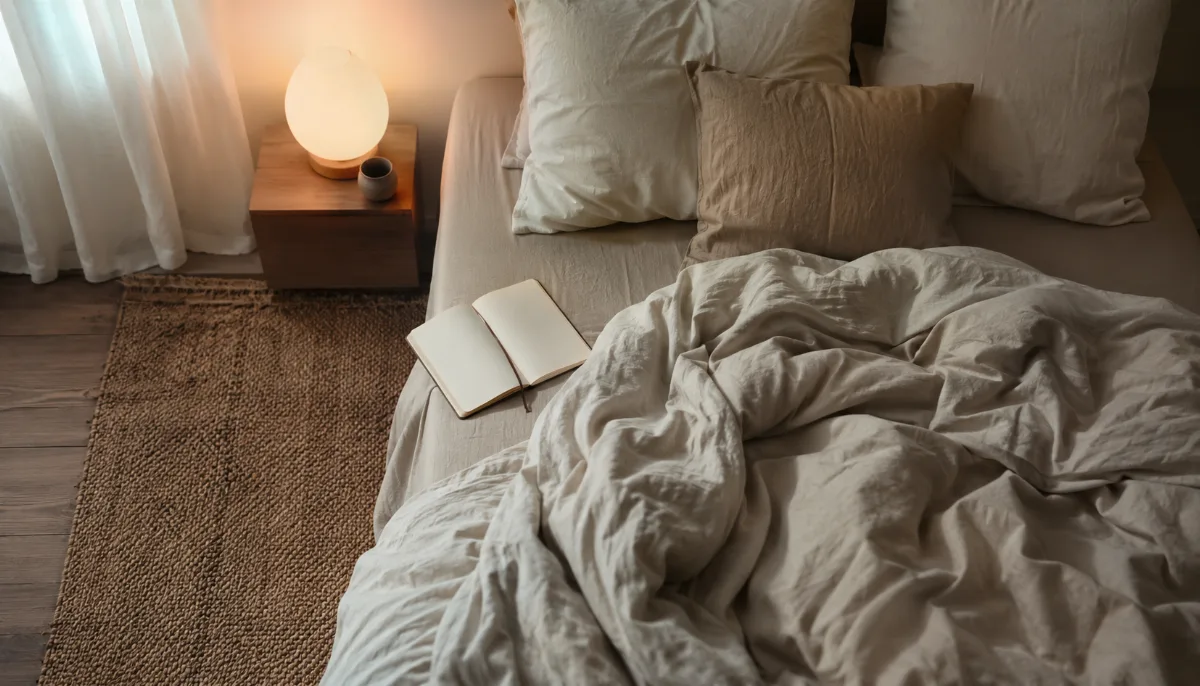 Calm minimalist bedroom with linen bedding and a single bedside lamp